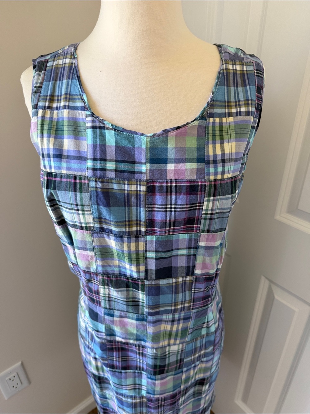 L.L. Bean Madras Plaid Sleeveless Midi Dress in Blue, Purple and Green - Picture 2 of 8